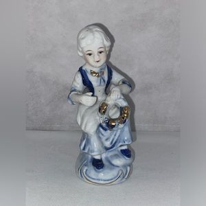 Vintage Blue, White with Gold Accents English Women Playing a Tambourine